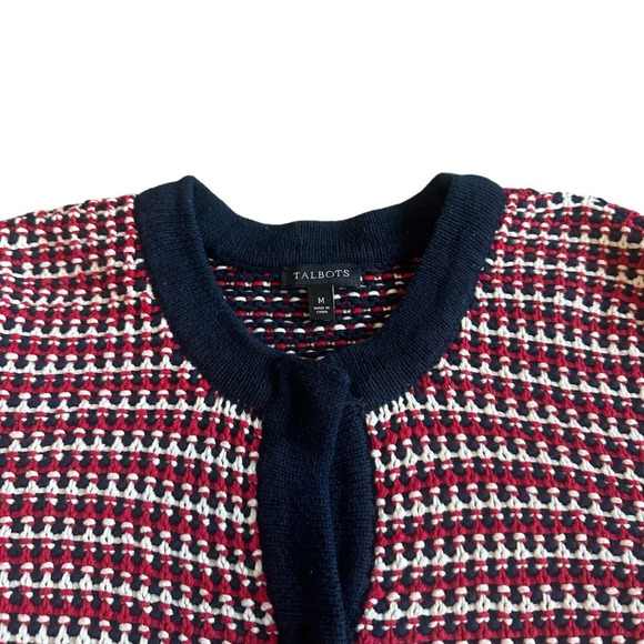 Talbots Navy Red Cardigan Sweater Snap-Down Woven 100% Cotton Size Medium Womens - Picture 2 of 11